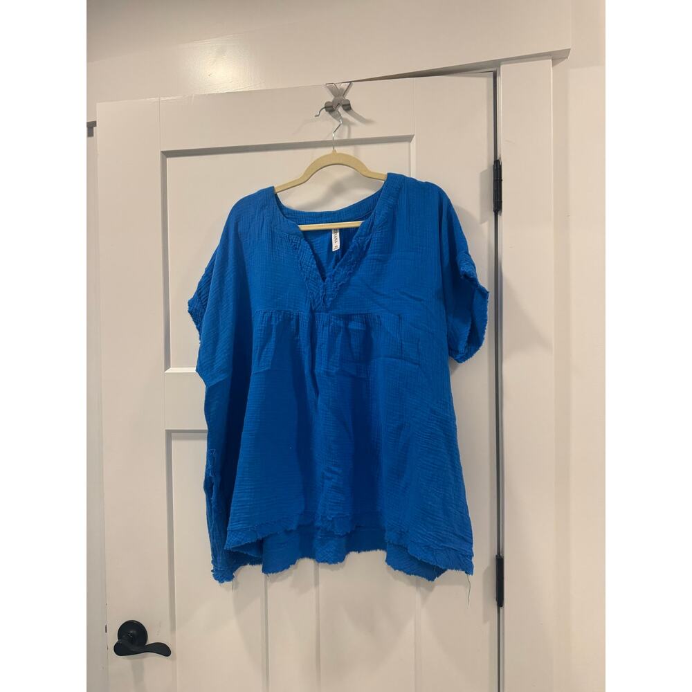 Zenana Boutique blue raw edge blouse 2X - Picture 2 of 6